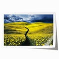 Vibrant rolled canvas print showcasing a serene landscape with lush green fields under a bright blue sky, elegantly packaged in a protective cardboard tube.