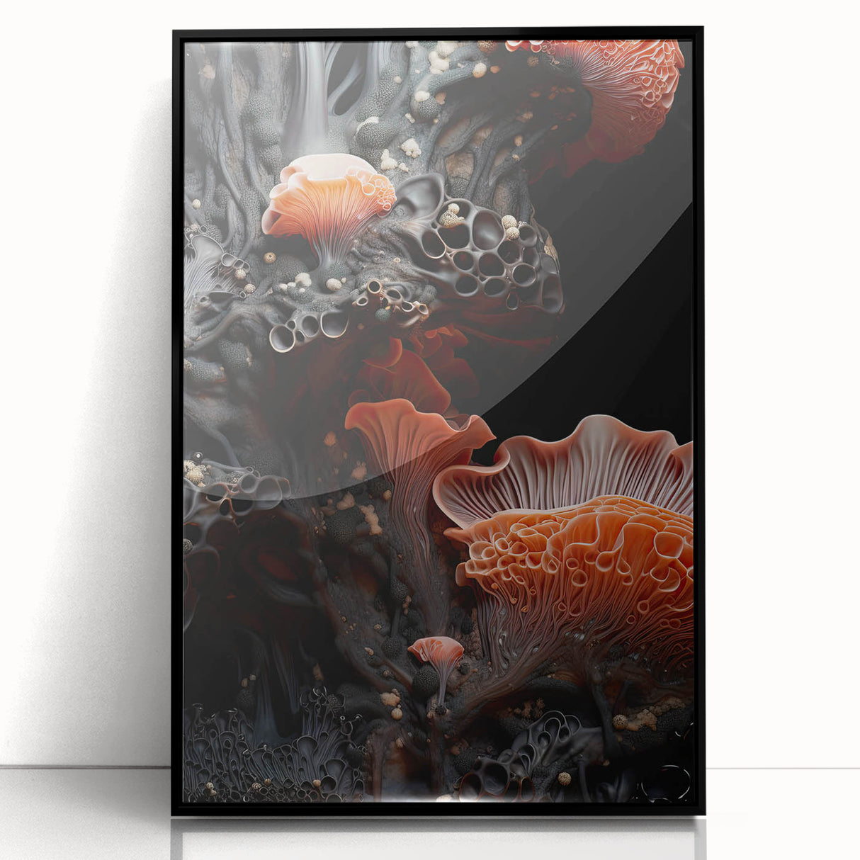 Large abstract wall art print in black and white, framed in black acrylic, featuring organic shapes.
