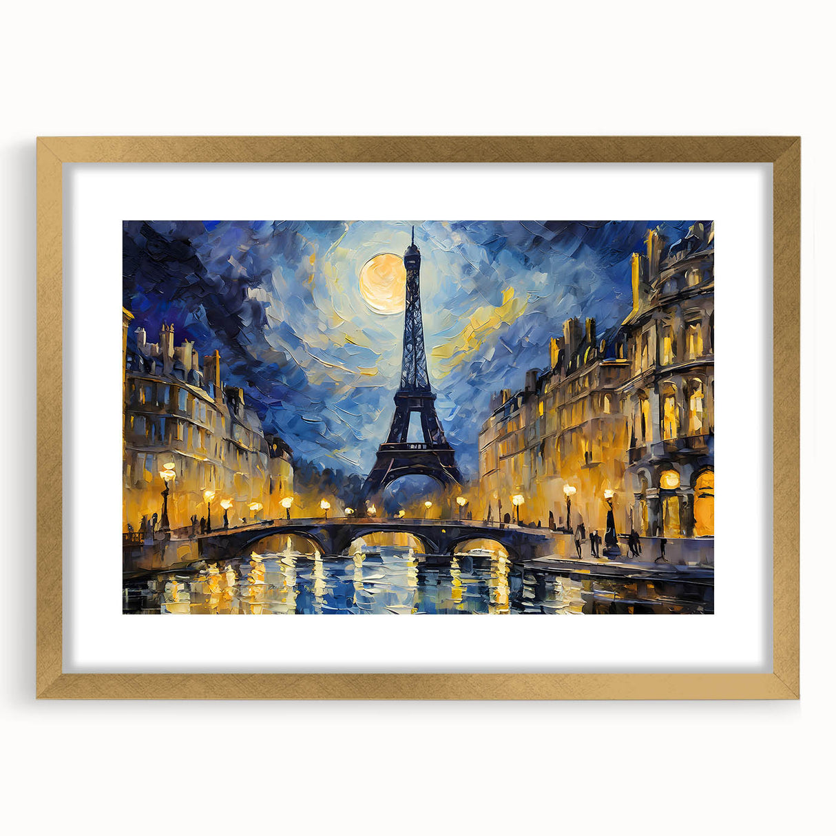 Abstract art print of Paris scenery in muted gold and blue tones, framed with a golden mat, ideal for dining room decor.