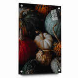 Large abstract wall art depicting fall foliage in rich orange and yellow tones on acrylic glass, ideal for dining room decor.