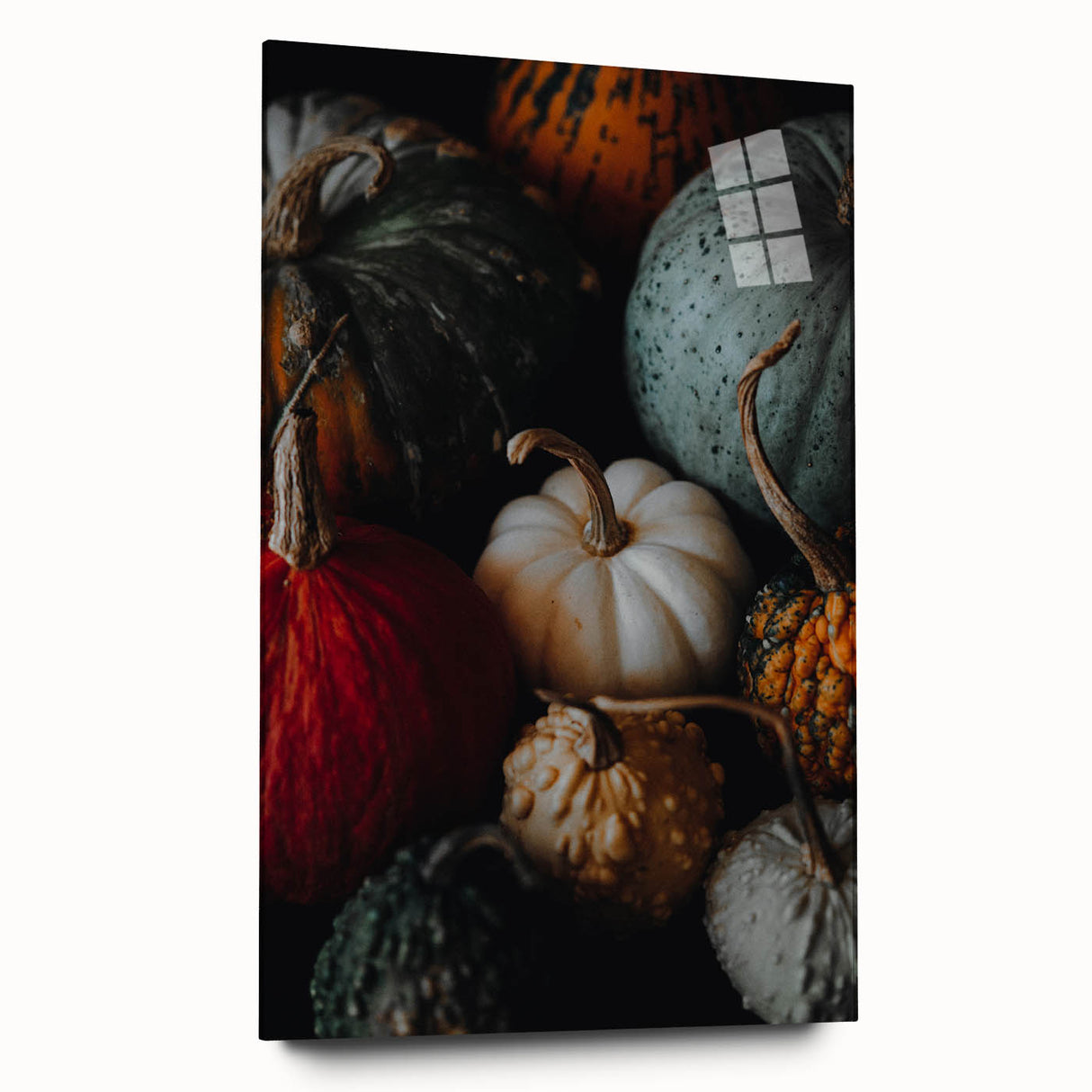 Large abstract wall art on acrylic glass depicting swirling autumn colors, ideal for bedroom or dining room decor.