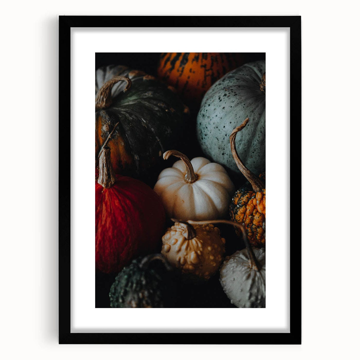 Extra large abstract art print featuring vibrant autumn hues on textured canvas, framed in black.