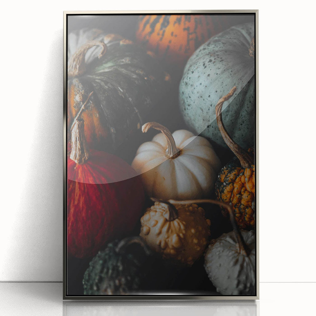 Mid-century modernist art featuring an autumnal scene in muted orange and brown tones, framed acrylic.