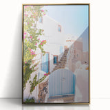 Large art print of a mid-century modernist summer scene in gold frame, suitable for nursery wall decor.