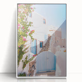 Art deco poster of a summer scene in soft pastel shades on white framed acrylic, ideal for nursery wall art.