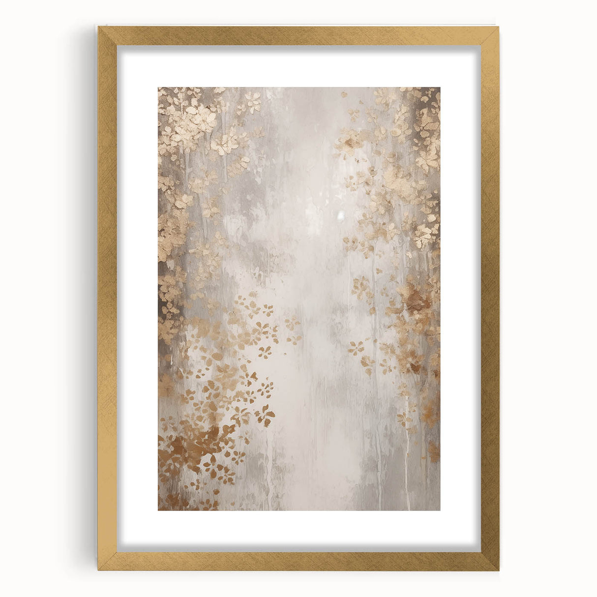 Extra large abstract art print with textured design in muted blues and grays, framed in gold, suitable for living room decor.