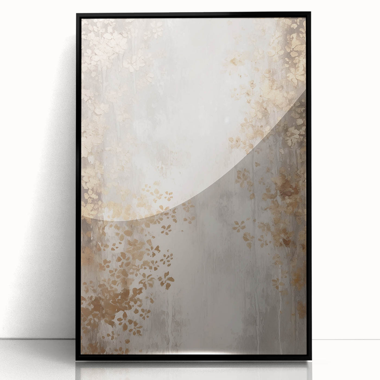 Large abstract wall art depicting a winter scene in muted blue and white tones, framed in black acrylic.