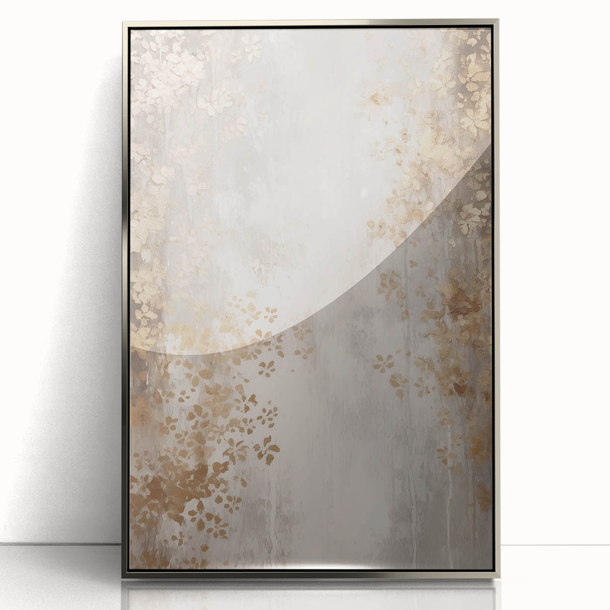 Mid-century modernist art depicting a winter scene in muted blue and white tones, framed acrylic.