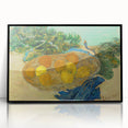 Large abstract wall art depicting a swirling pattern in blue and yellow on a black acrylic frame.