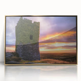 Framed acrylic artwork showcasing a stunning landscape with a majestic castle, set against a vibrant sky, features an elegant gold border, perfect for home decor.