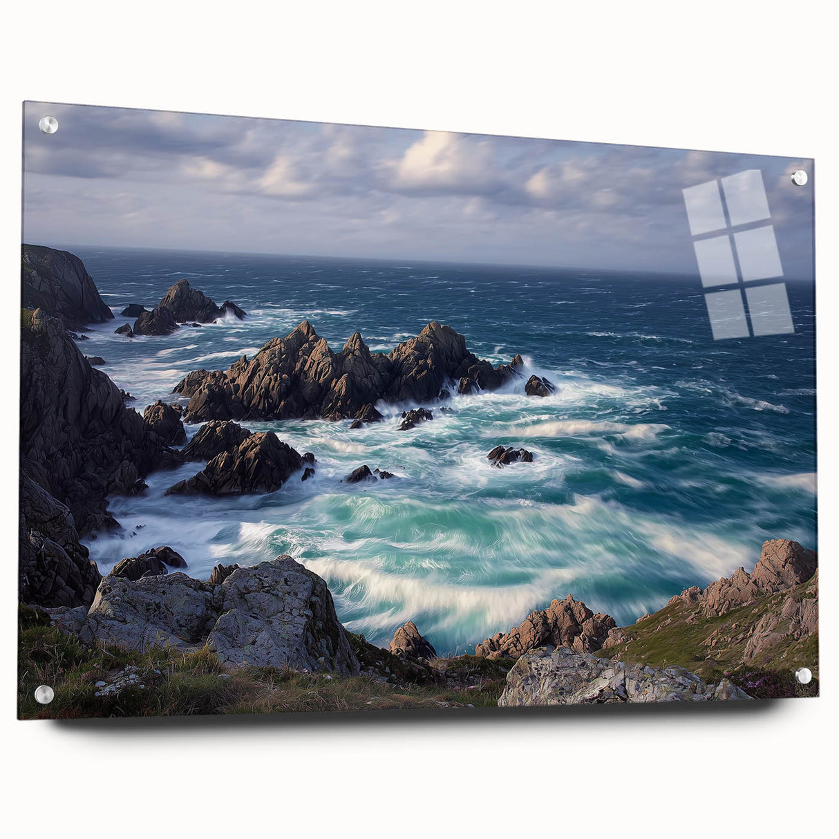 Acrylic wall art showcasing a stunning cliff landscape in vibrant colors, displayed from a side view with pins for mounting, ideal for modern decor.