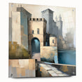 Abstract architectural wall art piece displayed in a side view, showcasing vibrant colors and sleek acrylic glass, secured with decorative pins for an elegant finish. Ideal for modern interior decor.