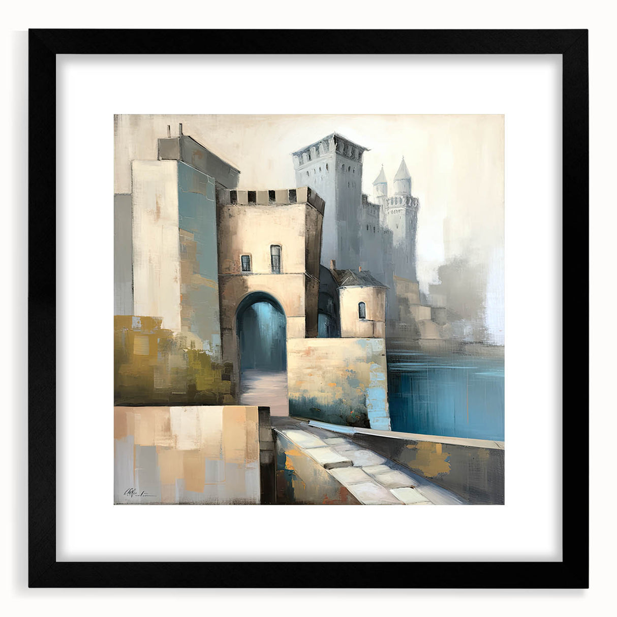 Abstract architecture wall art framed in black with a white mat, showcasing geometric patterns and modern design elements, perfect for contemporary decor.