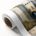 Abstract architecture wall art on rolled canvas, showcasing geometric shapes and vibrant colors, ideal for modern home decor, packaged securely in a cardboard tube.
