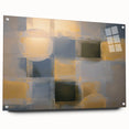 Abstract geometric acrylic glass artwork showcasing vibrant colors and intricate patterns, displayed from the side view with visible mounting pins, ideal for modern decor.
