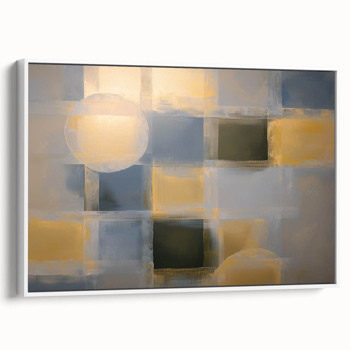 Abstract geometric framed canvas art showcasing a modern design with bold black and white patterns. The side view highlights its sleek frame, perfect for contemporary decor.