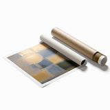 Abstract geometric art print featuring vibrant colors and dynamic shapes, rolled for easy transport, perfect for modern home decor. Ideal for adding a contemporary touch to any space.