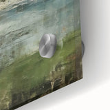 Close-up view of an abstract landscape wall art piece, featuring vibrant colors and fluid shapes on acrylic glass, ideal for modern decor and artistic expression.