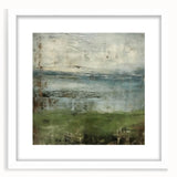 Abstract landscape wall art framed in white, showcasing vibrant colors and intricate patterns, ideal for modern home decor or office settings. The piece features a harmonious blend of earthy tones and dynamic shapes, enhancing any interior space with a touch of artistic flair.