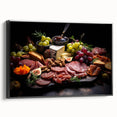 Framed canvas featuring black and white vintage poster art of assorted food dishes, ideal for bedroom wall decor.