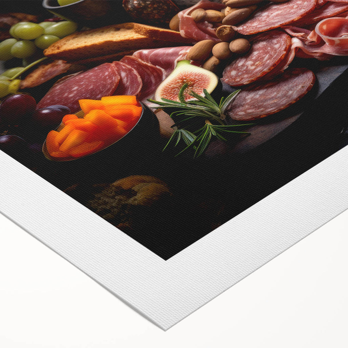 Art deco poster featuring assorted food dishes in muted colors on rolled canvas, suitable for dining room decor.