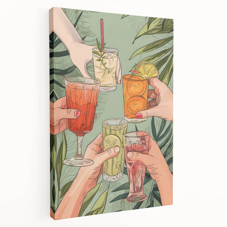 Large stretched canvas featuring a vibrant illustration of assorted fruits and vegetables, ideal for kitchen wall art.