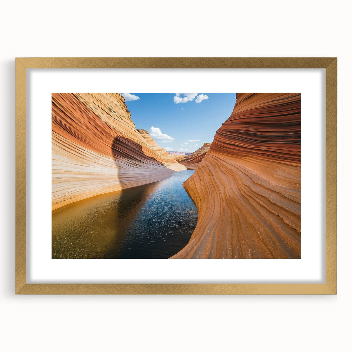 Elegant landscape artwork featuring canyons framed in gold with a crisp white mat, showcasing vibrant colors and intricate details, perfect for home decor.