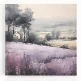 Landscape wall art featuring a serene countryside scene with rolling hills, vibrant green fields, and a bright blue sky, printed on stretched canvas for home decor.