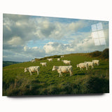 Acrylic landscape artwork showcasing a serene countryside scene, featuring vibrant greens and blues. The piece is displayed in a side view, highlighting its glossy finish and lack of pins, perfect for modern home decor.