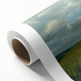 Beautiful countryside landscape on a rolled canvas, showcasing vibrant green fields under a clear blue sky, ideal for home decor or art enthusiasts.