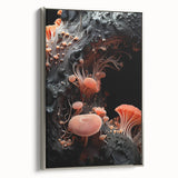 Landscape art painting on framed canvas featuring a close-up of natural elements in silver, black, and colorful tones.