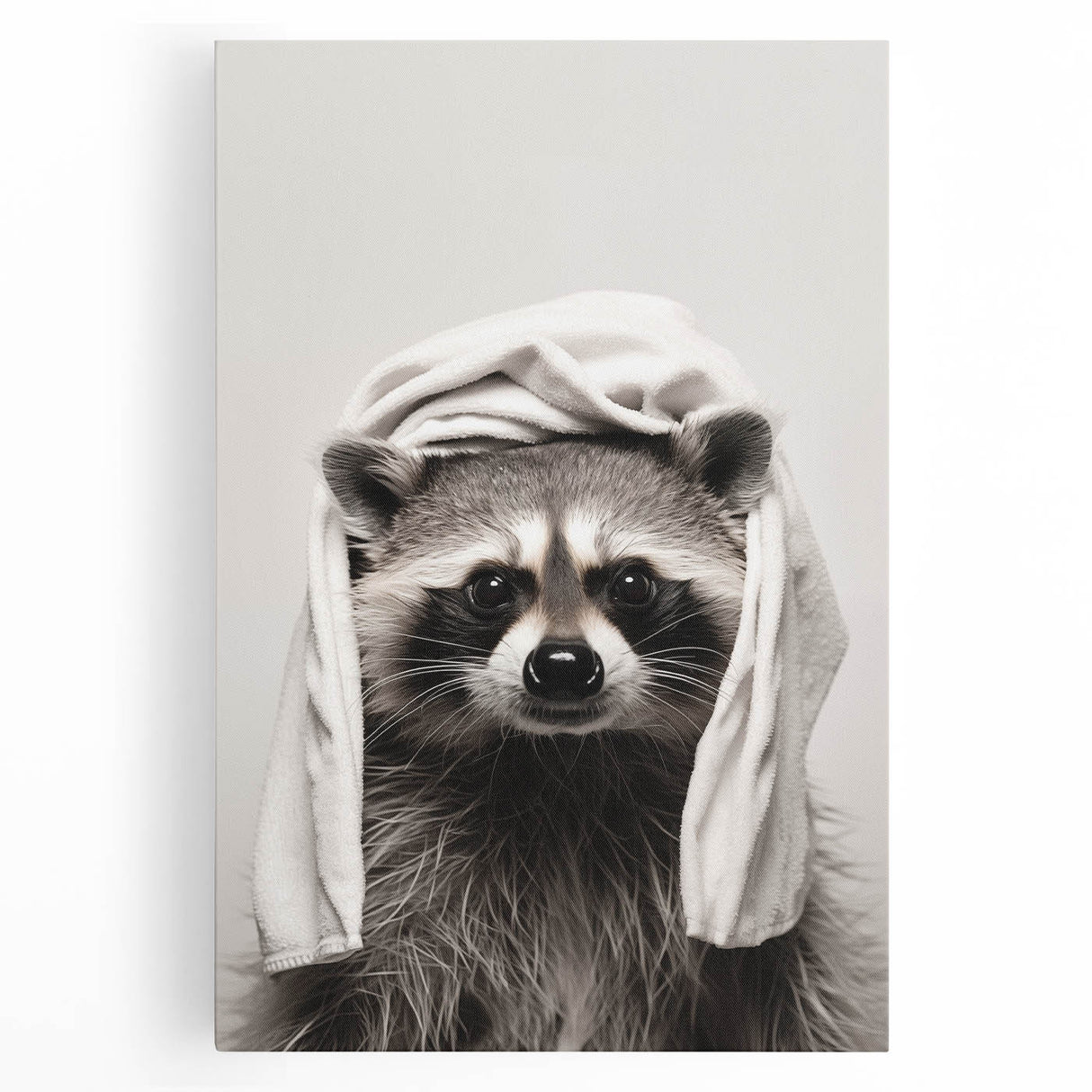 Towel-Wrapped Raccoon Bathroom Wall Art - Black and White Decor