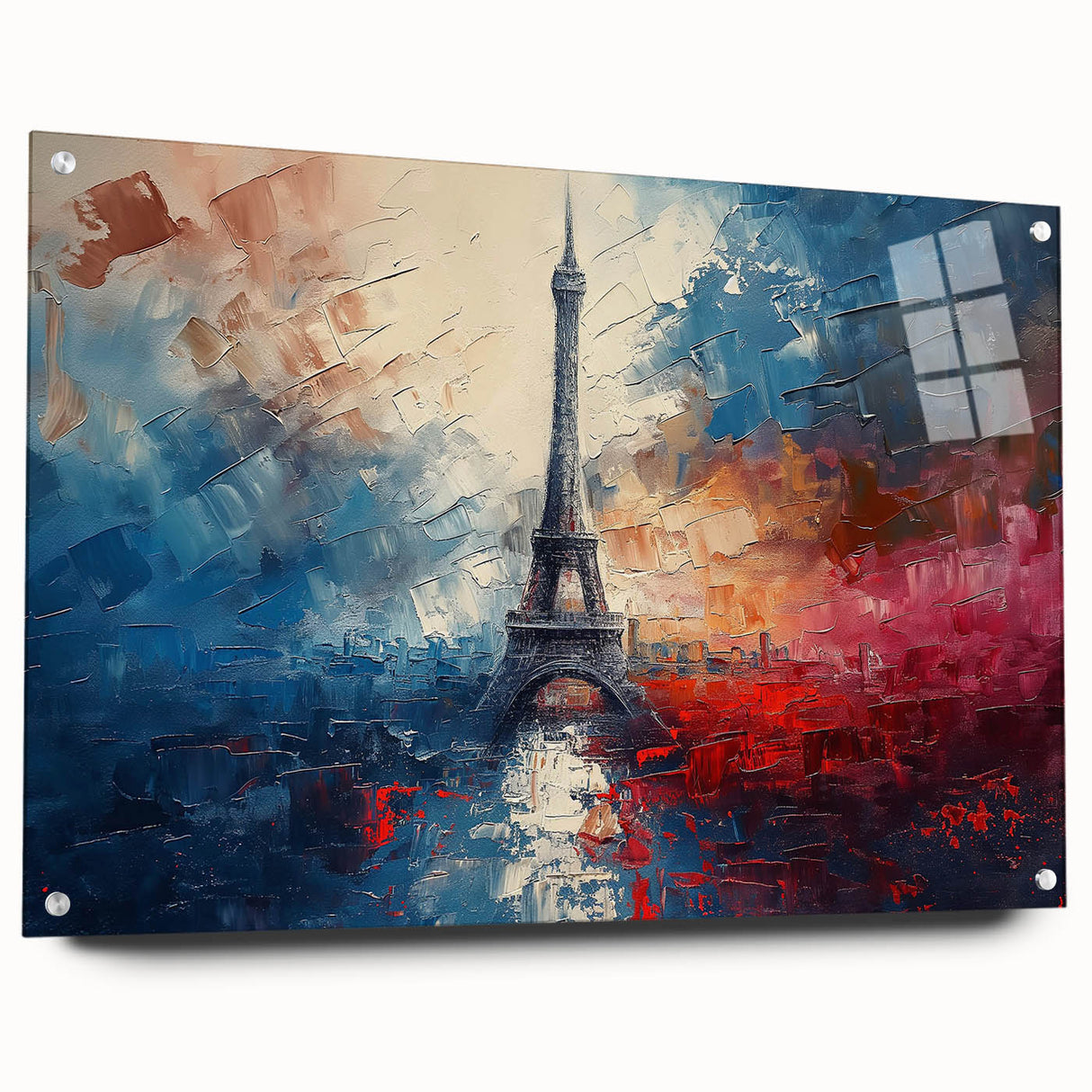 Acrylic glass print of a Parisian street scene in muted pastel shades, suitable for bedroom or dining room decor.