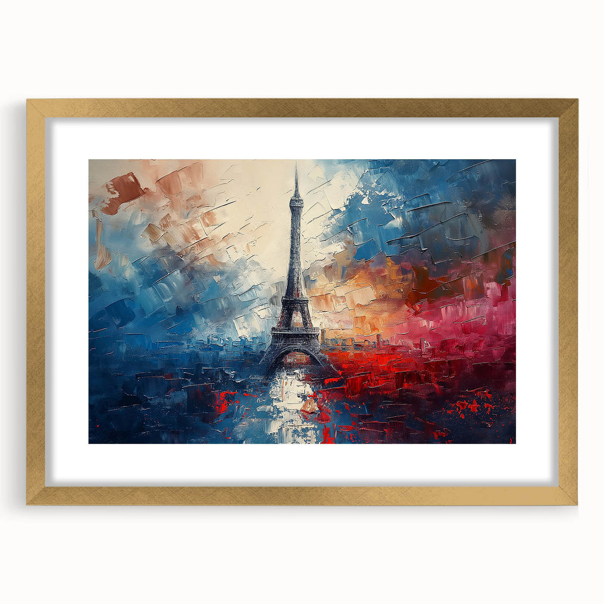 Abstract art print of Paris scenery in gold frame, featuring soft gray and blue tones, ideal for dining room decor.