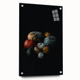 Large abstract wall art depicting autumnal trees in warm orange and red tones on acrylic glass.