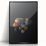 Large abstract wall art depicting fall colors in mid-century modernist style, framed in black acrylic.