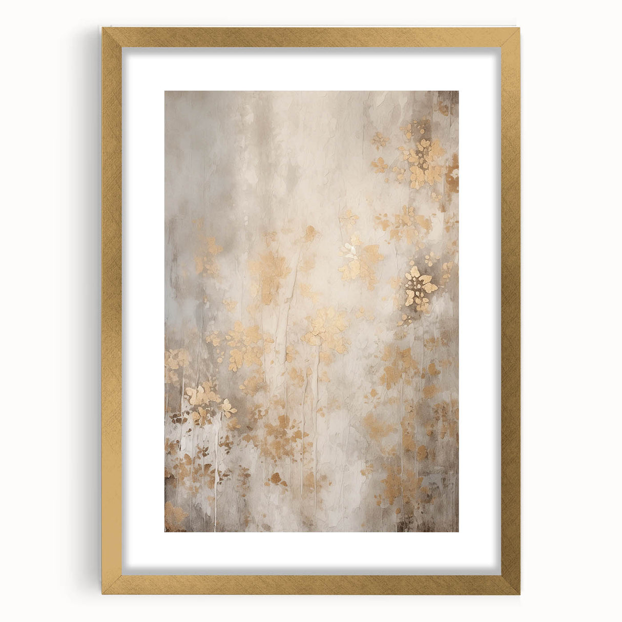 Extra large abstract art print with textured design in cool blue and white tones, framed in gold.