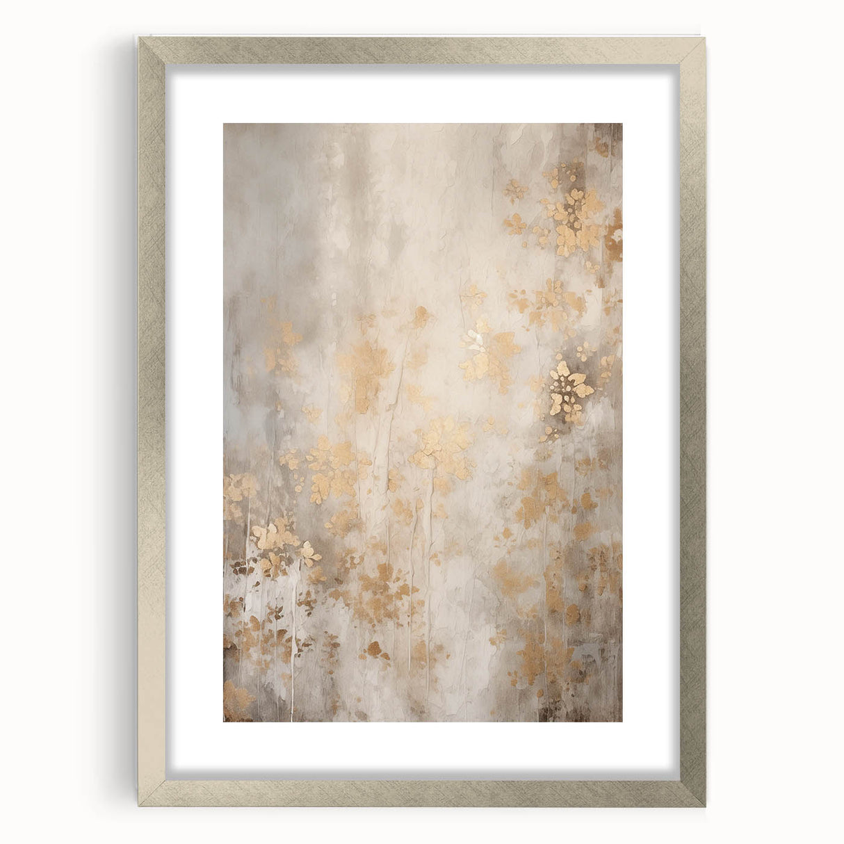 Textured abstract art print in cool blue and white tones, framed with a silver mat, suitable for bedroom decor.