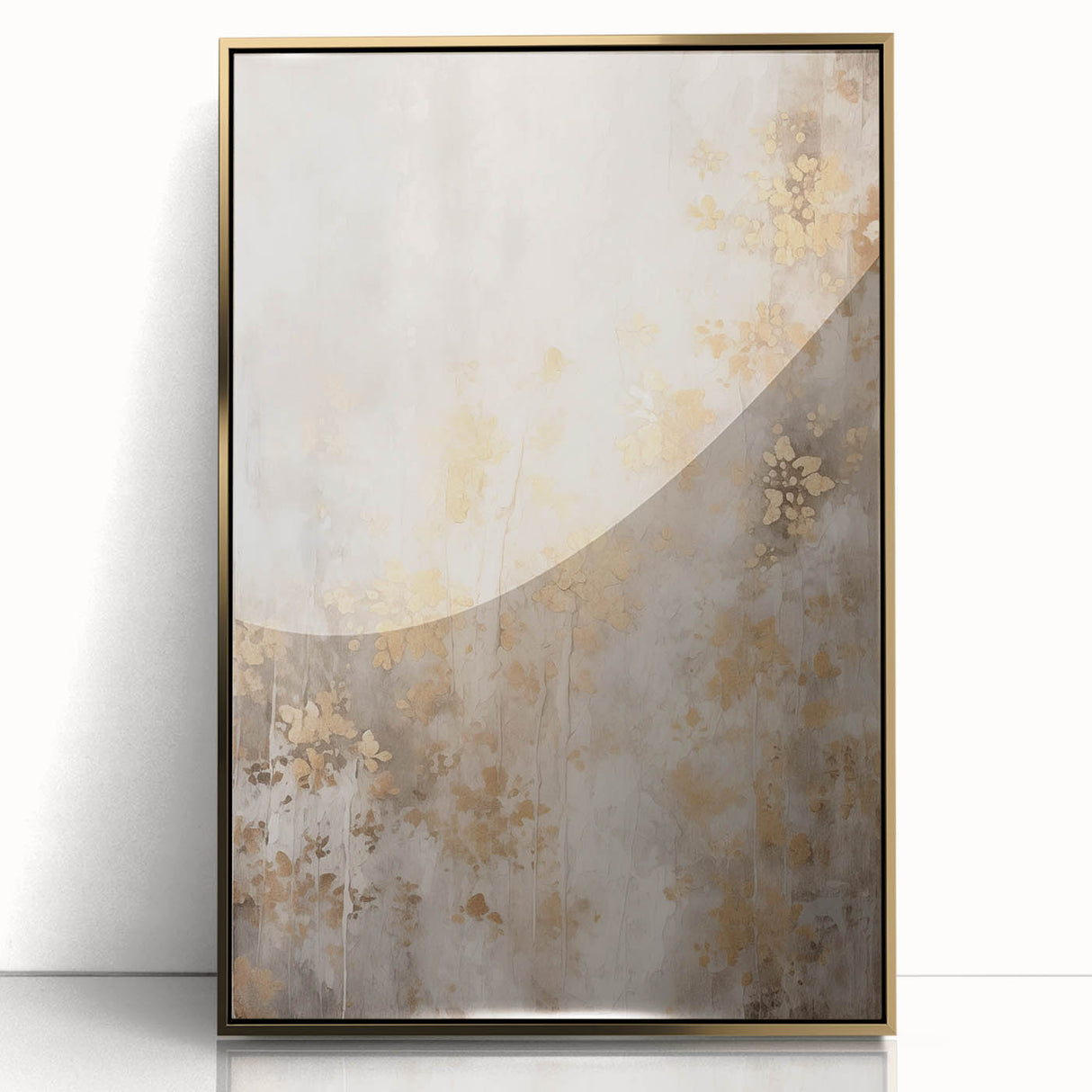 Large art print featuring a mid-century modernist winter scene in muted blues and whites on framed acrylic.