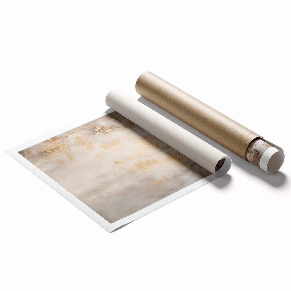 Winter-themed floral art on rolled print featuring muted blue and white tones.