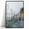 Large abstract wall art featuring swirling blue and yellow tones on a black framed acrylic print.