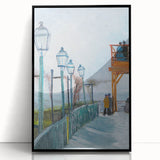 Large abstract wall art featuring swirling blue and yellow tones on a black framed acrylic print.