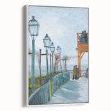 Vintage poster art of Van Gogh's painting in a white frame, featuring colorful art on black background.