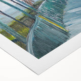 Art Deco poster of a cityscape in muted gray and blue tones on rolled canvas, suitable for dining room wall art.