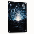 Acrylic landscape artwork depicting colorful caves viewed from the side, showcasing intricate details and vibrant hues, mounted with pins for display.