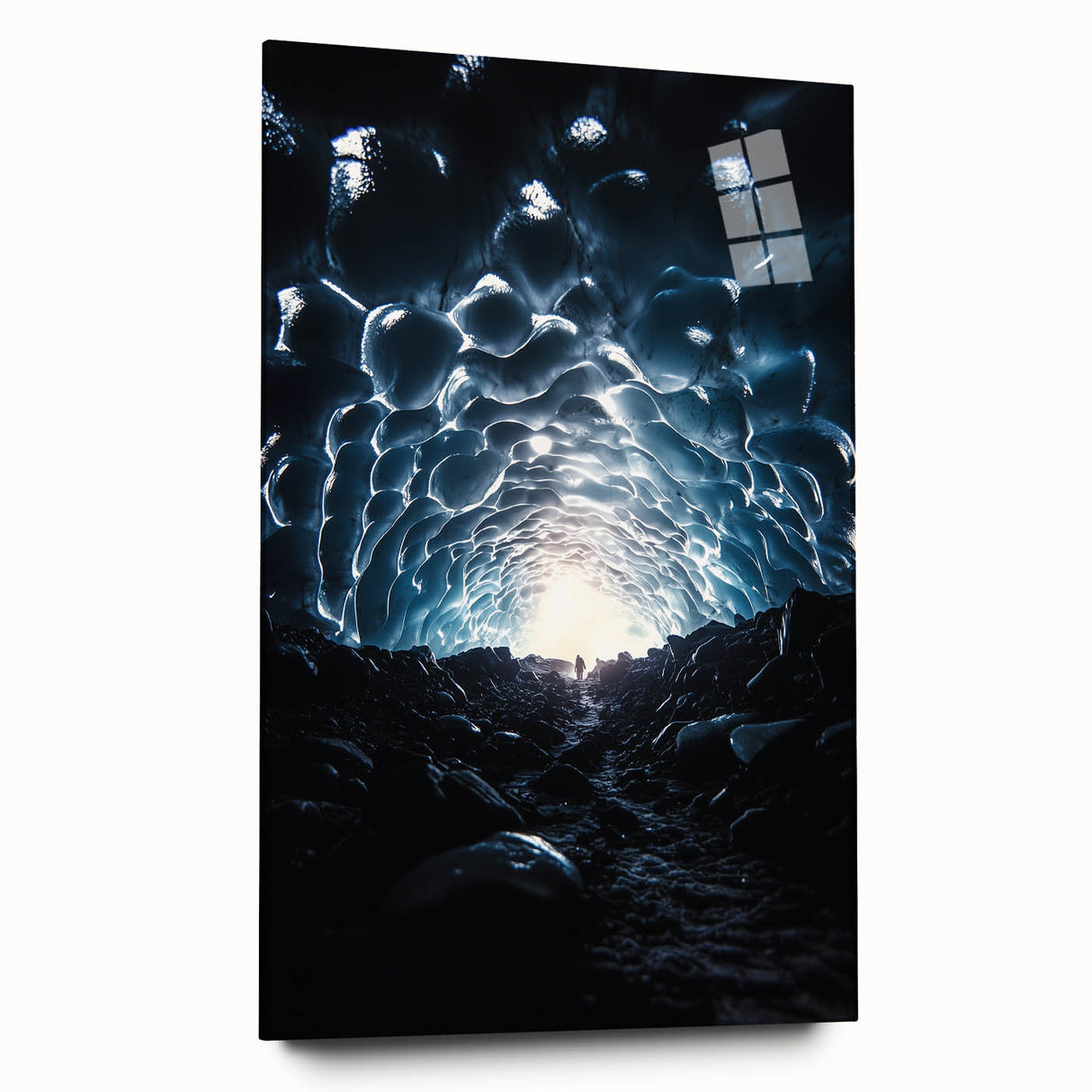 Acrylic landscape artwork depicting intricate caves, presented from a side view without pins, showcasing vibrant colors and smooth glass finish, ideal for modern decor.