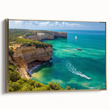 Framed canvas artwork showcasing a stunning landscape of cliffs, featuring rich colors and a gold side view, perfect for enhancing any modern home decor.