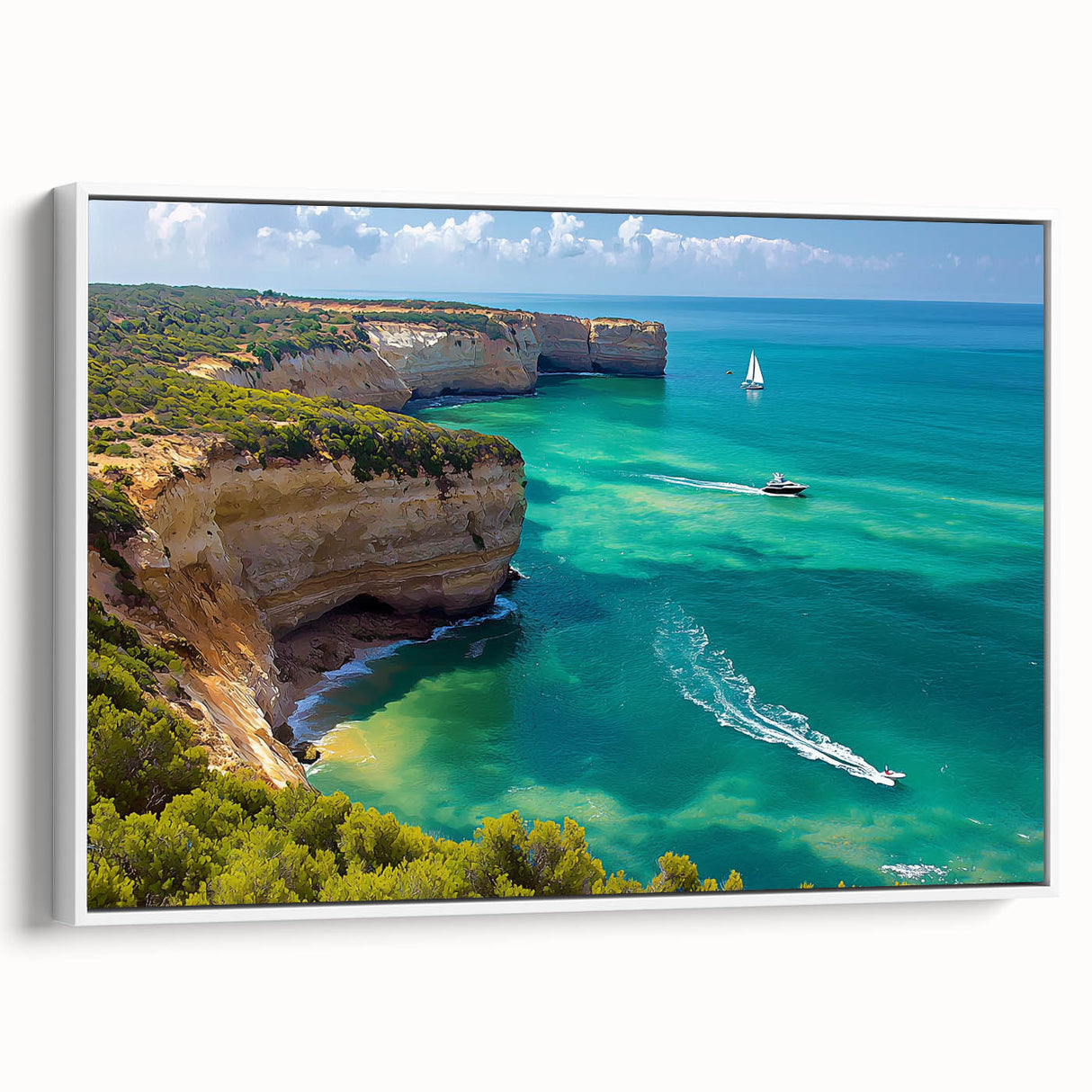 Framed canvas artwork depicting a scenic landscape of cliffs, showcasing vibrant colors and intricate details, with a sleek white frame enhancing its elegance. Ideal for home decor or office space.
