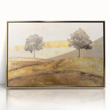 Framed abstract landscape wall art featuring vibrant gold accents, perfect for modern home decor. This piece adds elegance and sophistication to any room setting.