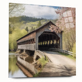 Large abstract wall art on acrylic glass featuring a covered bridge in muted gray tones.
